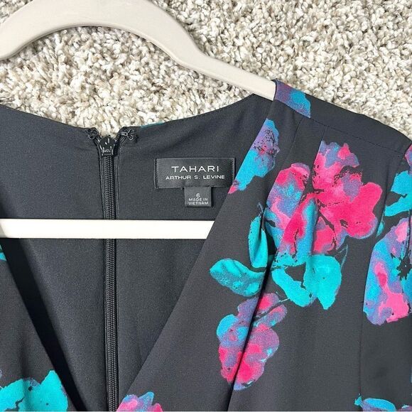 Tahari Dress Women’s 6 Floral Print Faux Wrap Tie Waist V-Neck NWT - Picture 3 of 7